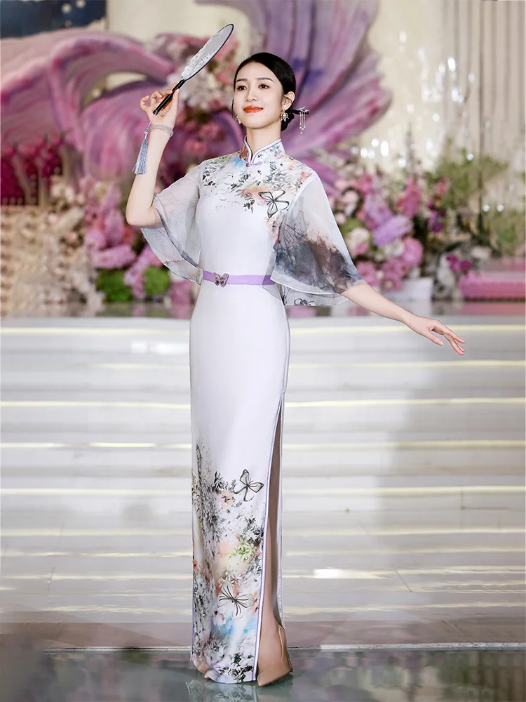 

Элегантное длинное белое платье с высоким разрезом для выступлений, китайский традиционный костюм для показа мод, весенний цветочный принт