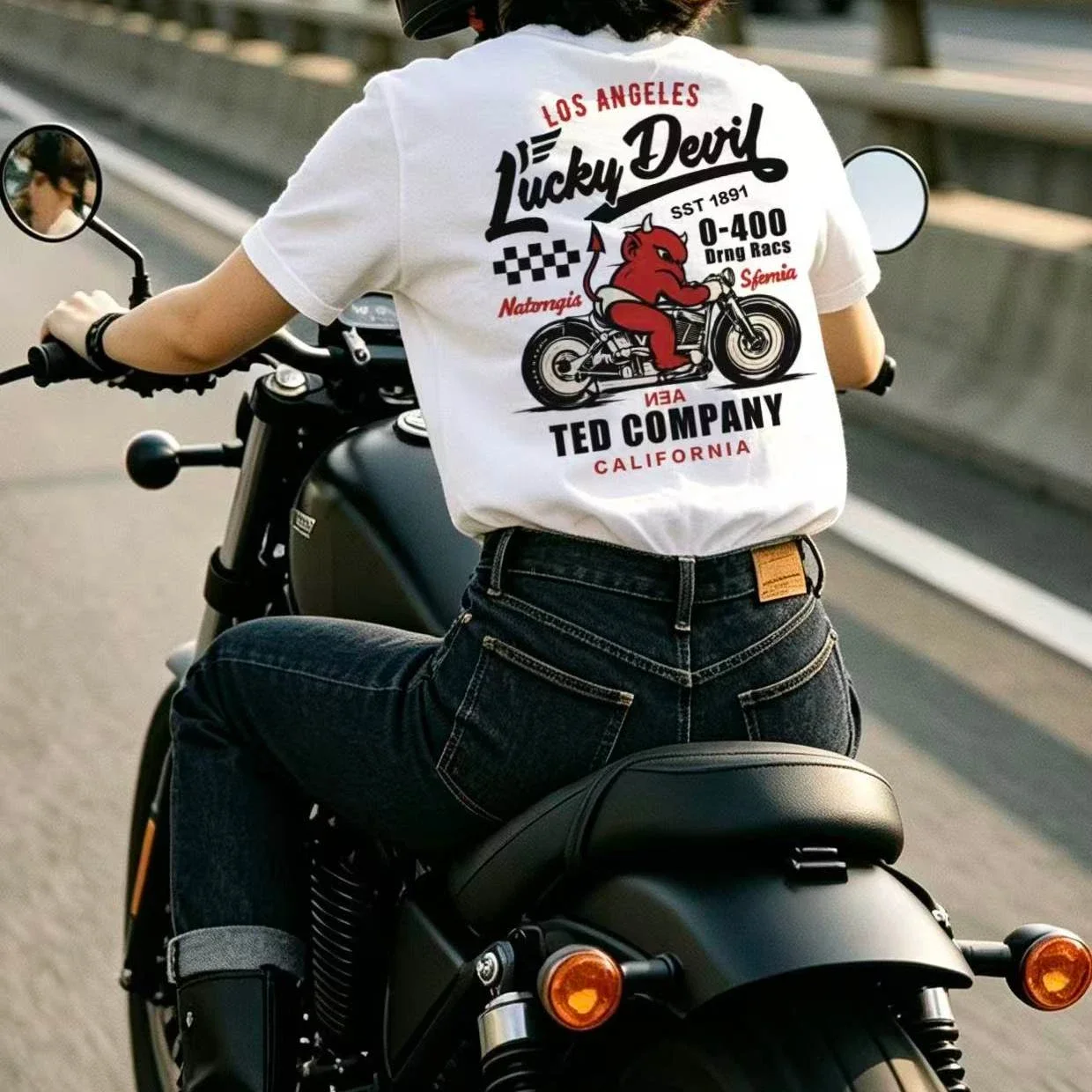 Lucky Little Devil Retro Niche Motorcycle Men's and Women's Cotton Loose Round-neck Short-sleeved T-shirt