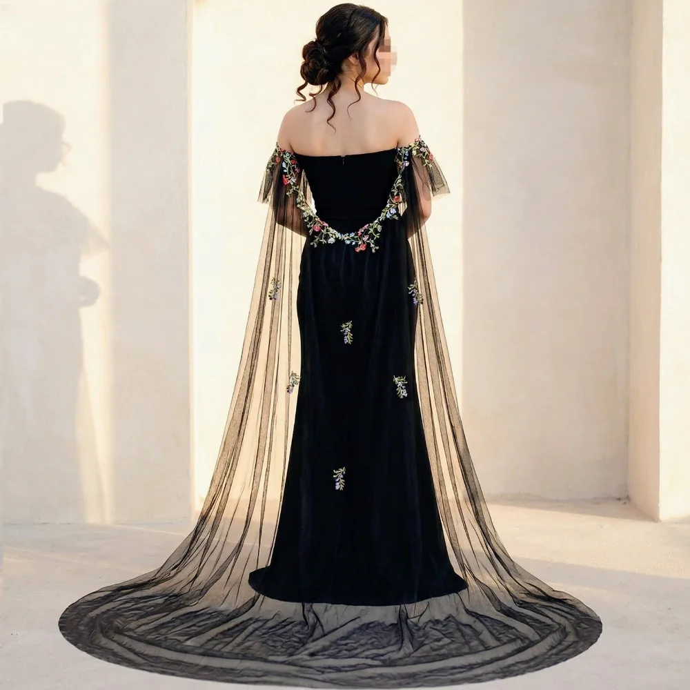 Black Tulle Long Train Wedding Cape Colorful Embroidery Bridal Shawl for Luxury Elegant Women's Layers Dress Cape Wedding Props