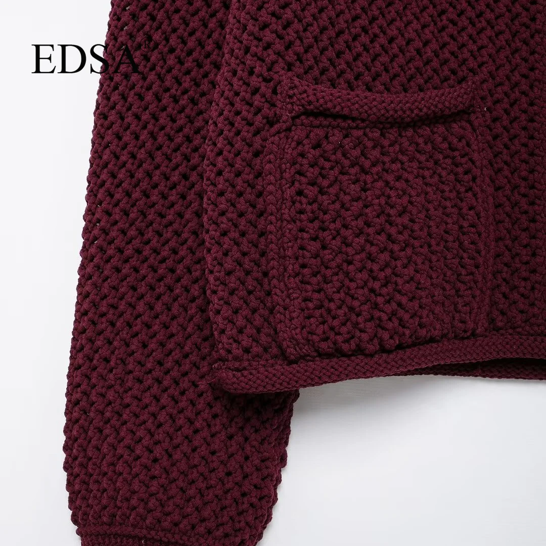 EDSA Women Hollow Out Chunky Knitted Cardigans dla kobiet z długim rękawem i metalowymi guzikami Krótki sweter Crop Top Dzianina Odzież wierzchnia