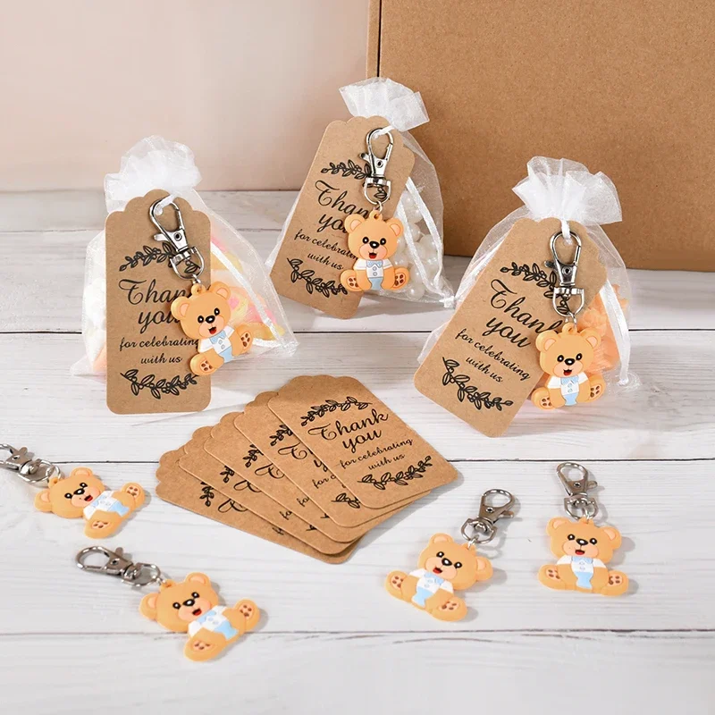 10-30sets baby shower souvenir organza gift bag with thank you tag bear keychains girl boy gender reveal birthday party favors