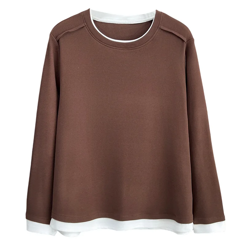 XXXXL موضة حجم كبير تي شيرت نسائي كتلة بسيطة اللون بأكمام طويلة DE المخملية الدافئة قاعدة القمم لخريف وشتاء 2435 #1