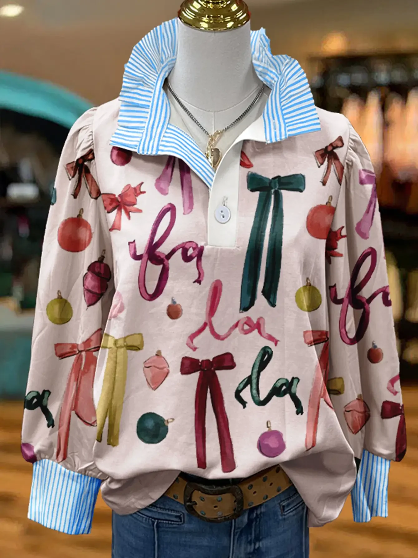 

Women's striped fresh and fashionable shirt with multi-color striped collar and The combination of balloons and bows
