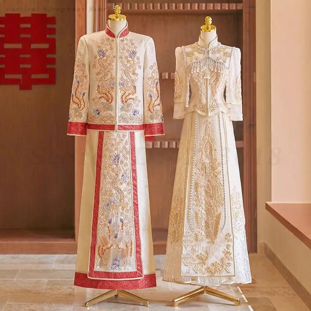 

Wedding Bridegroom Bride Dress Qipao Chinese Traditional Costume Classic Exquisite Cheongsam Hanfu Tang Suit Xiuhe Toast Clothes