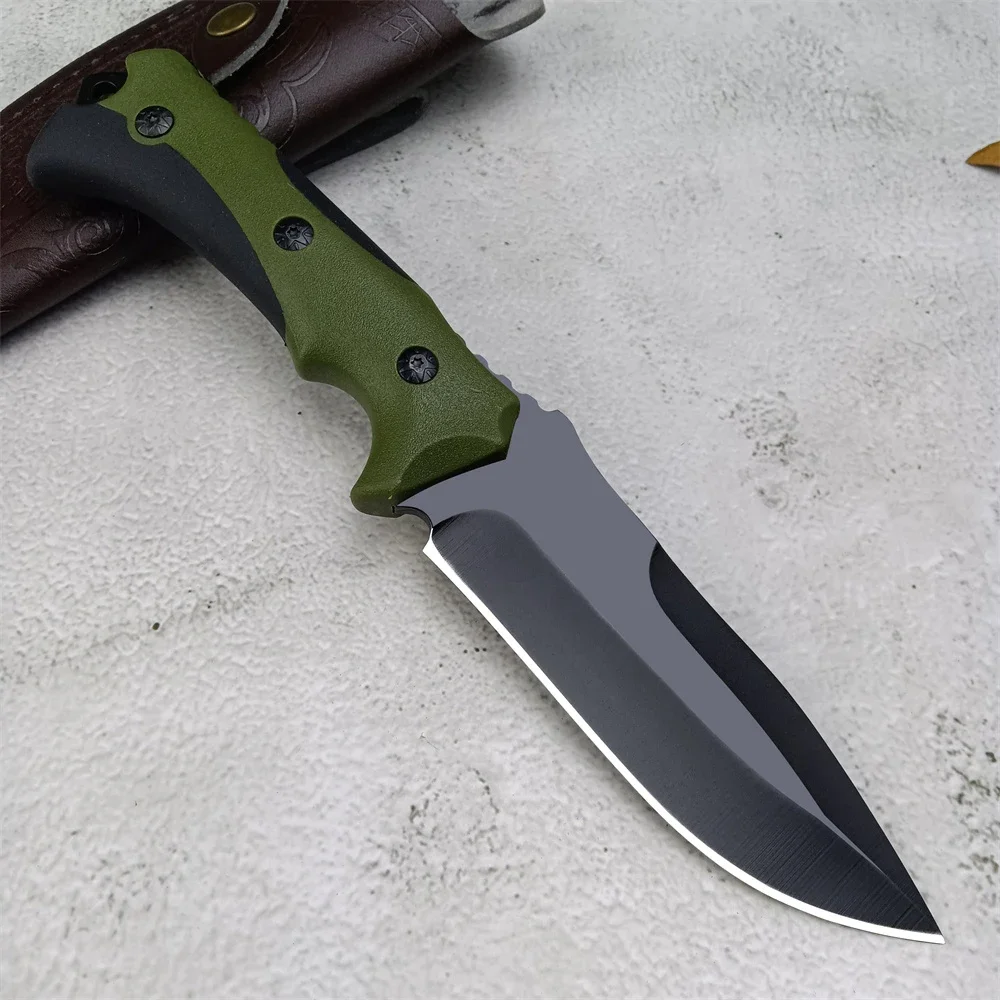 440 Steel Blade ABS Handle Full Tang Knife EDC Camping Self Defense Hunting Military Tactical Fixed Blade with Leather Sheath