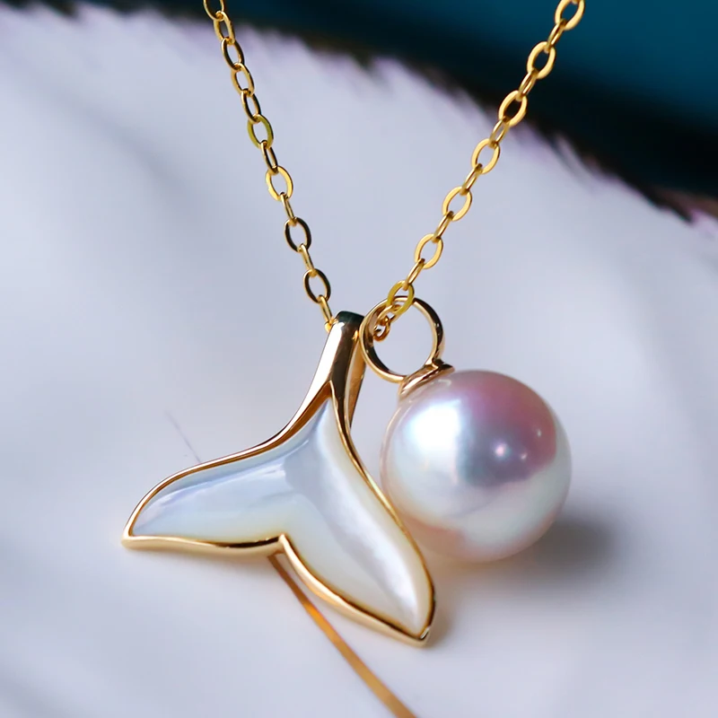 

Natural Akoya Saltwater Pearl Pendant Necklace, Mermaid Tail Design with 18K Gold Accents, Includes 925 Silver Chain Gift
