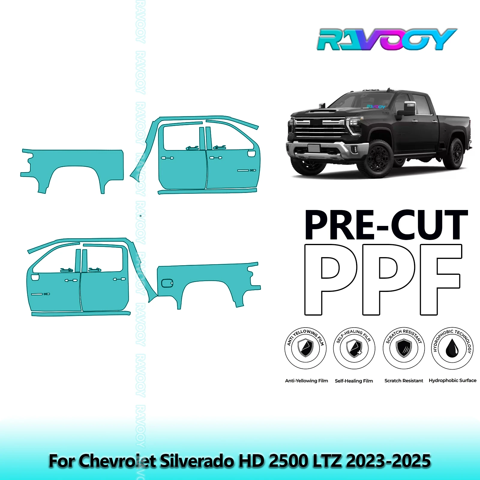 

For Chevrolet Silverado HD 2500 LTZ 2023-2025 8.5mil Clear Matte Pre-Cut PPF Door & A/B Pillar Kit TPU Paint Protection Film Set