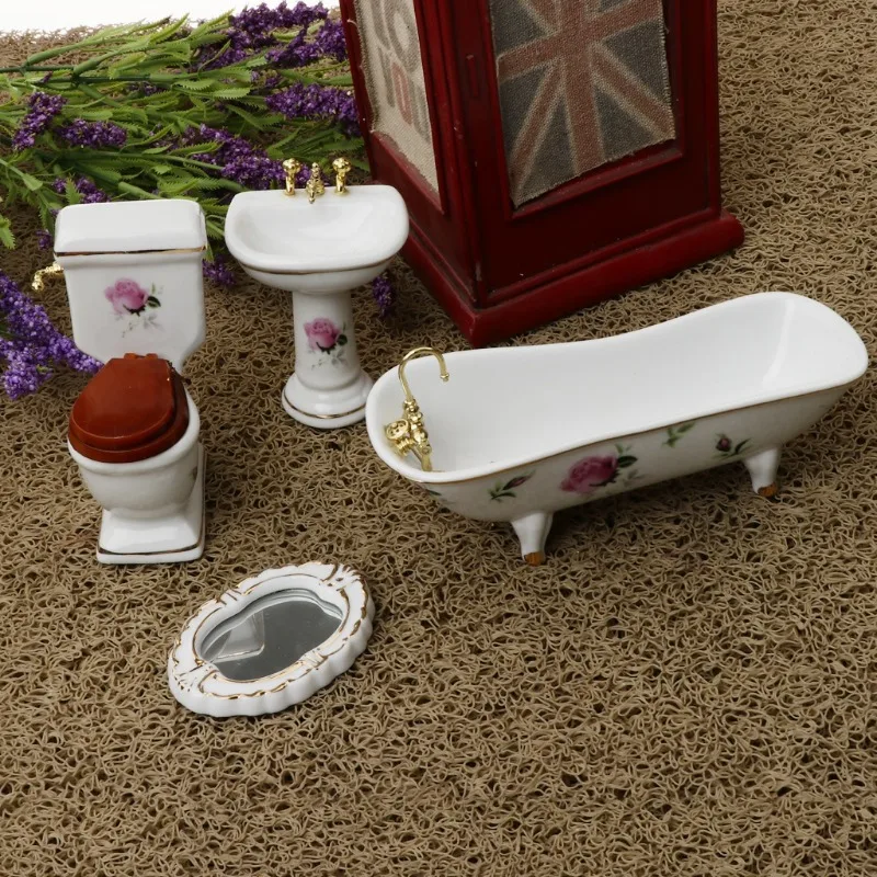 1/12 Dollhouse Mini Furniture Ceramic Bathroom Set Toilet Bathtub Dolls Kids Role Play Toys Gift Dollhouse view 3