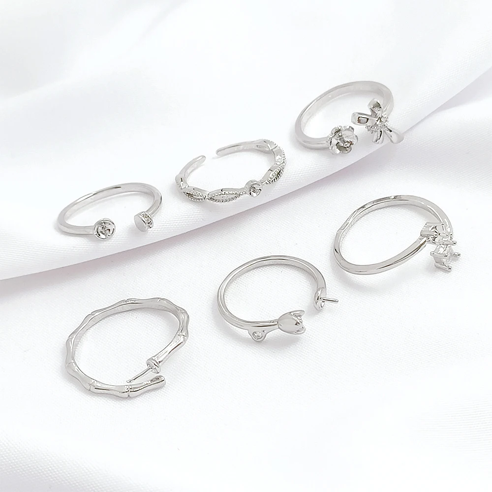 Brass Plated with White K Zircon Inlay Bamboo Knot Open Ring DIY Jewelry Making Semi-finished Products Accessories Materials