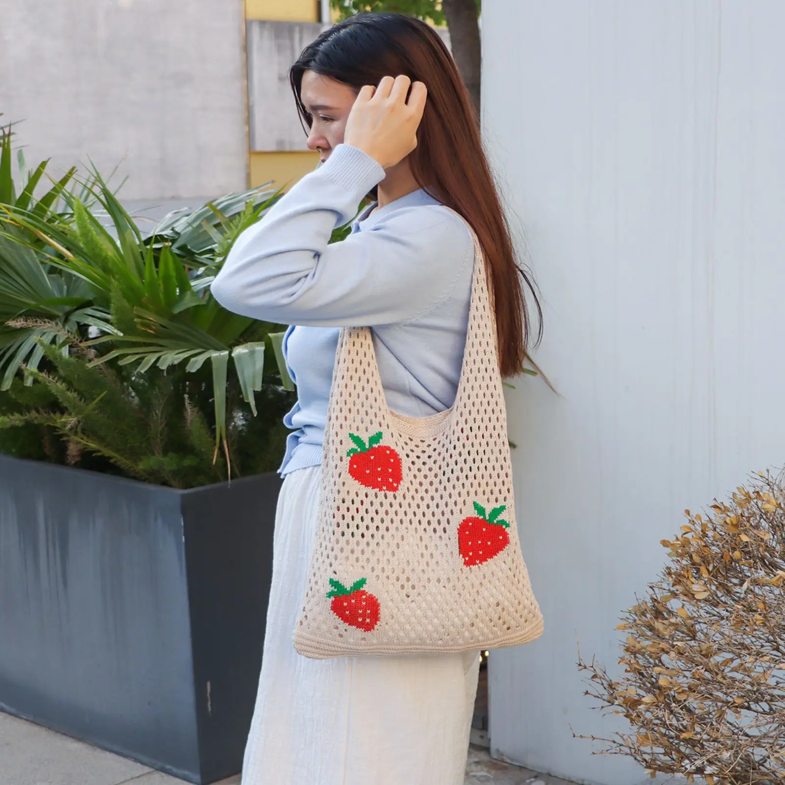 

Пляжный пикник Y2K Клубничная вишневая сумка-тоут Fairycore Mesh Кошелек-бродяга Эстетическая вязаная крючком сумка на плечо для женщин и девочек