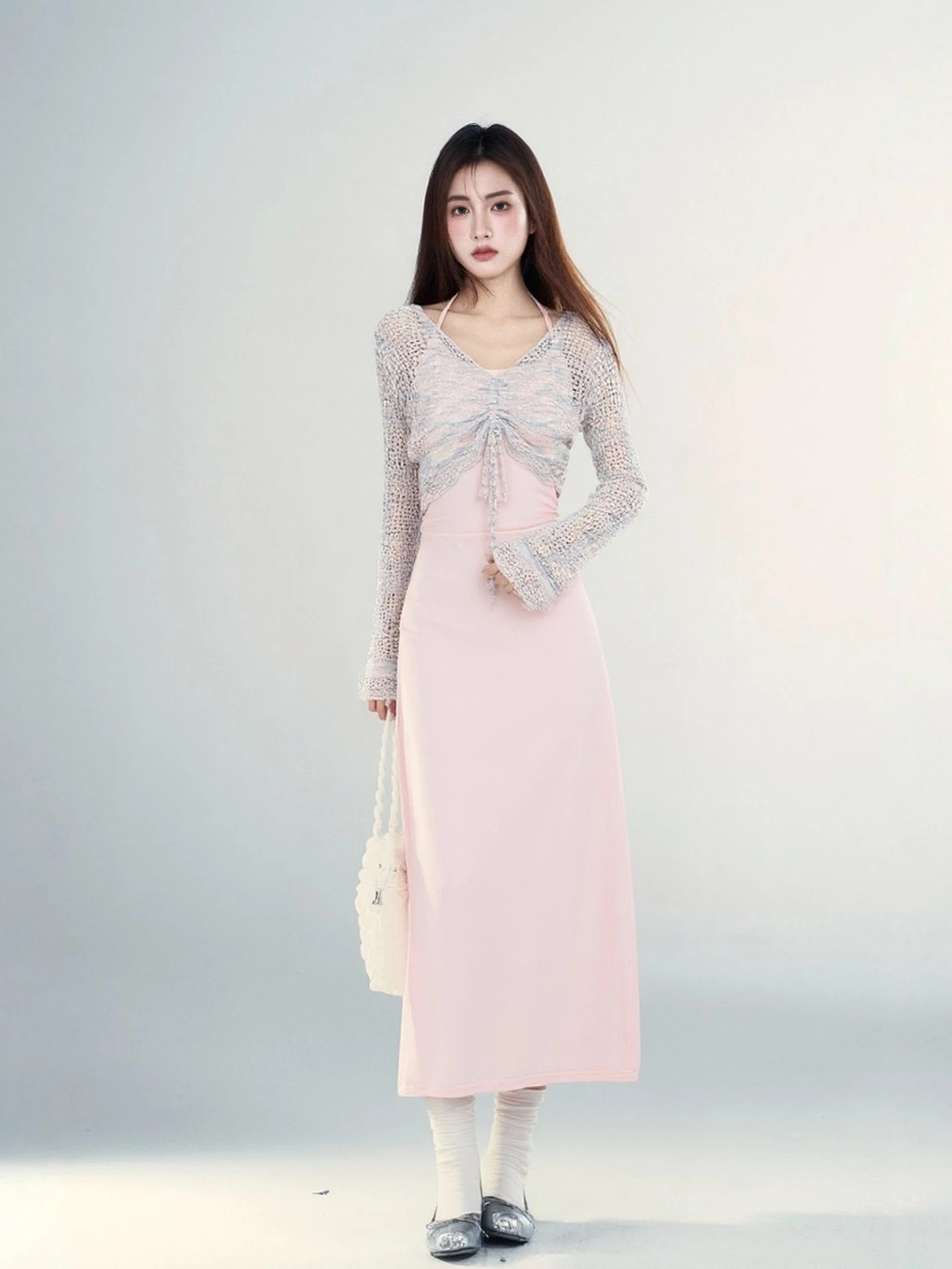 

Розовый комплект с бретельками Pink Perilla Ne: женская повседневная рабочая одежда для ранней весны, приталенный крой, дышащая ткань, средний вес, удлиненная модель.