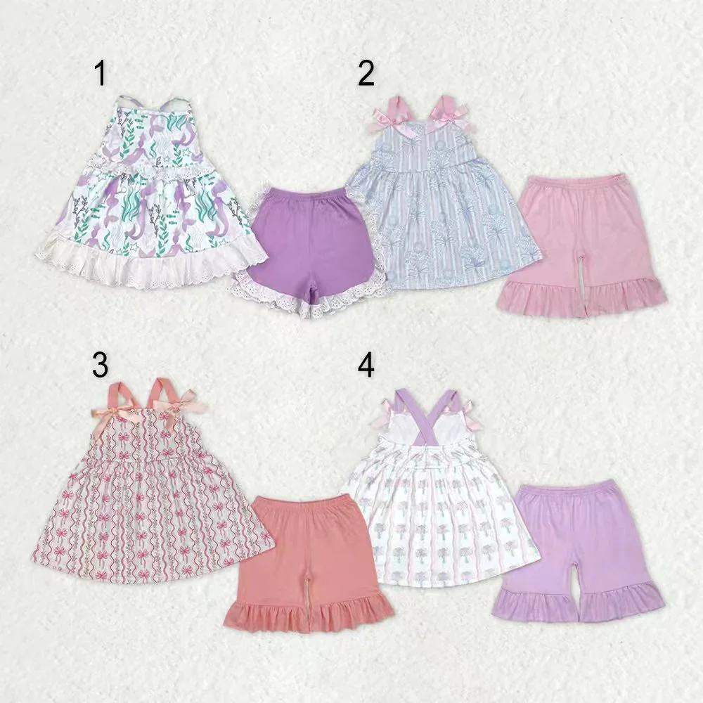 

z1111-12 GSSO1675 Wholesale Summer Matching kids clothes girl bow suspender lace shorts sets Boutique baby girl clothes