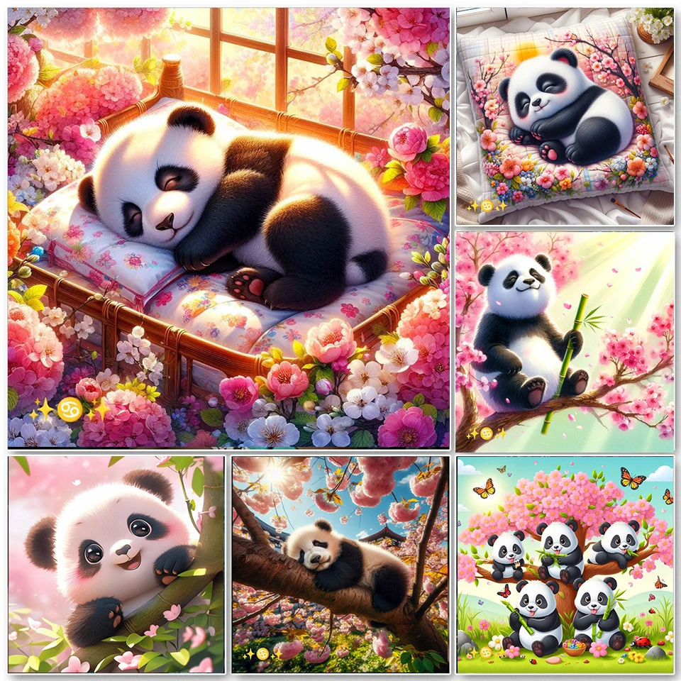 Diamond Painting Panda Pink Flower Mosaic Cartoon Rhinestone Embroidery Picture Home Wall Children's Room Art Decoration