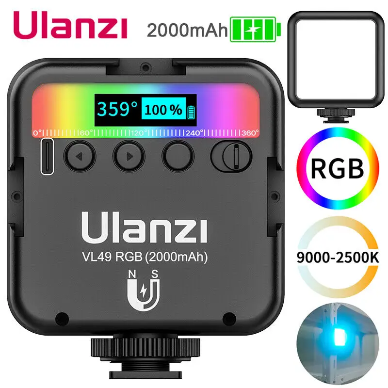 

Ulanzi VL49 RGB Video Light Mini LED Camera Light 2000mAh Rechargable 2500-9000K Dimmable with Cold Shoe Mounts Vlog Fill Light