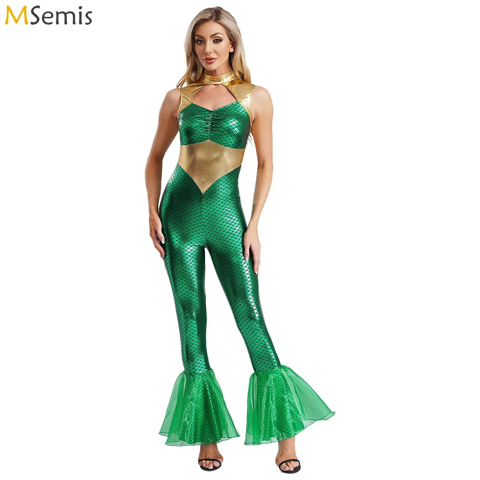 

Women Fish Scales Pattern Mermaid Cosplay Performance Theme Party Costume Cutout Front Metallic Patchwork Flared Hem Jumpsuit