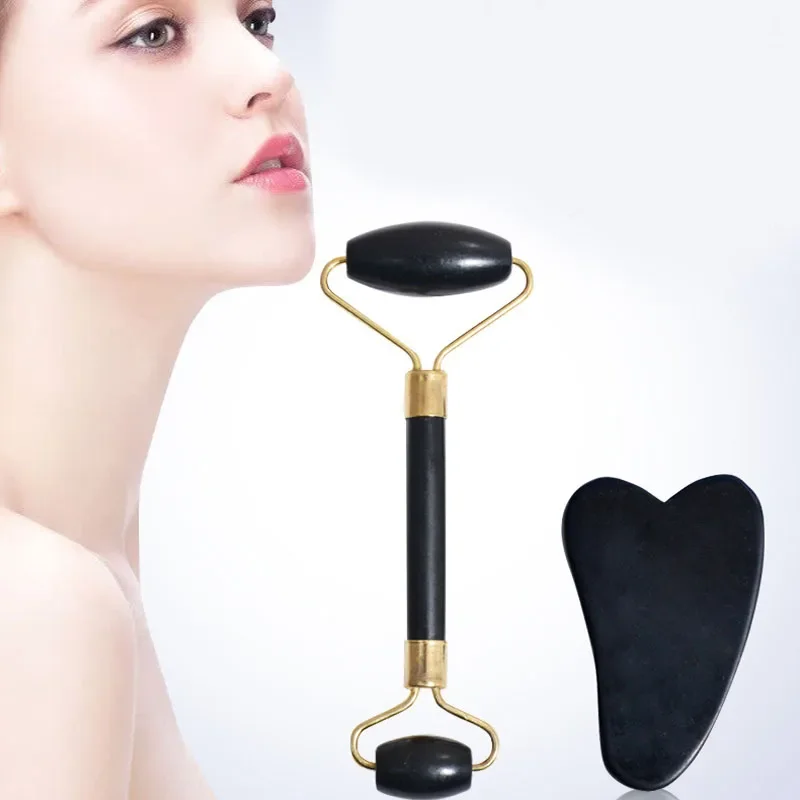 Face Massager Roller Natural Obsidian Guasha Board Scraper Set Facial Lift Skin Relaxation Slimming Beauty Neck Thin Tool