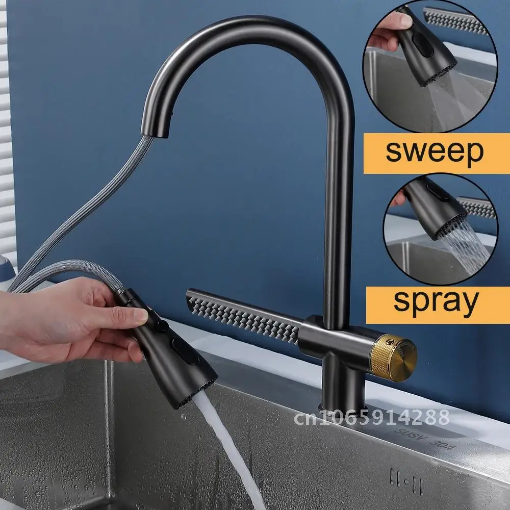 Nowy kran kuchenny z wodospadem w kolorze szarym 4 sposoby wody zimnej metody otworów kranowych zlew mosiężny i gorący wylot pojedynczy