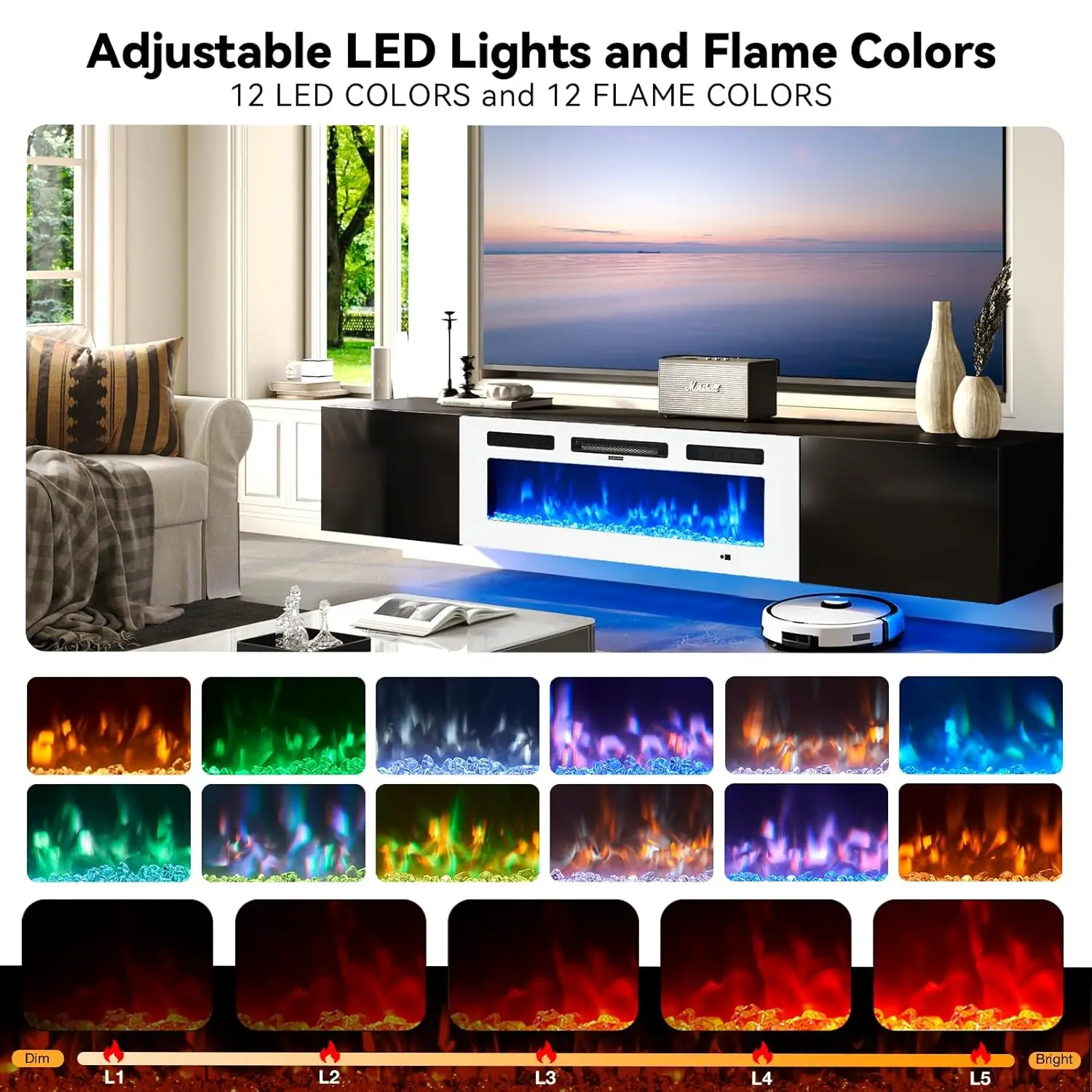 80'' Floating TV Stand 40'' Electric Fireplace Wall Mounted Storage 90'' TV 12-Color LED Media Console Living Room, Customized 3