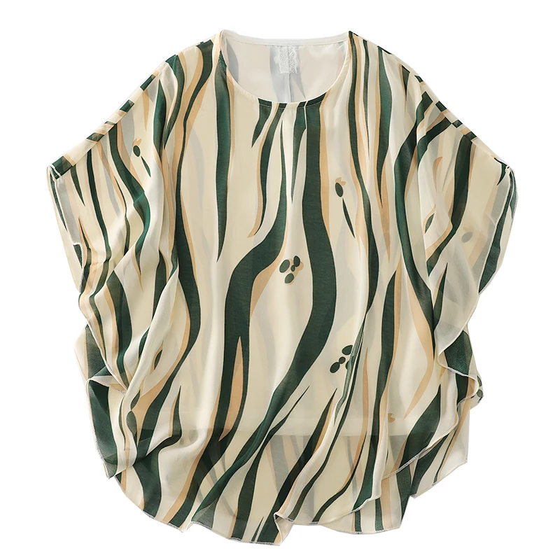 Elegancka bluzka szyfonowa damska letnia odzież nowa, lekka, drapowana, cienka, model dla kobiet w średnim wieku i starszych.