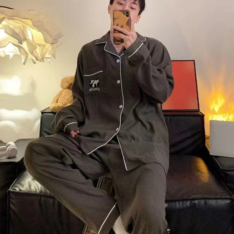Men Embroidery Pajama Set Lapel Neck Long Sleeve Top Elastic Waist Long Pants Sleepwear Korean Cartoon Cute Pajamas Set for Men