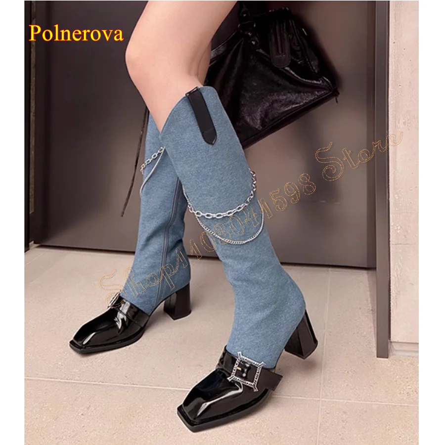 

Denim Leather Patchwork Heel Boots,Flat Toe Thick Heel Knee High Boots Buckle Zipper Women's Boots 2024 New Zapatos Para Mujere