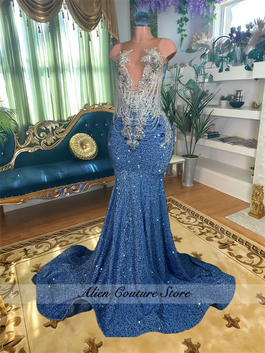 

Blue Prom Dresses For Black Women Sparkly Sequin South African Mermaid Evening Dress Sequin Plus Size Birthday Customized