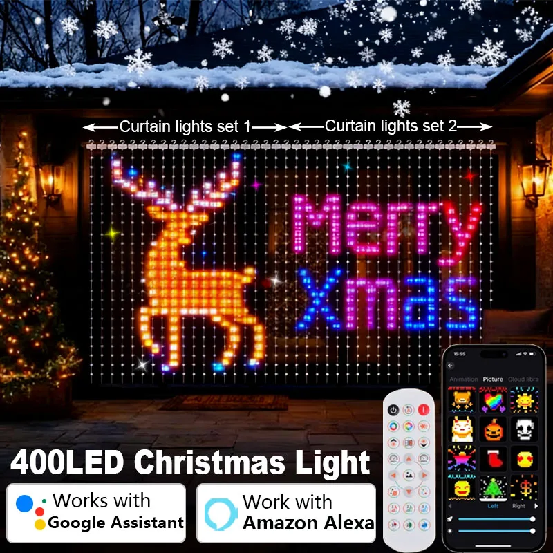 400LEDs Smart Curtain Lights Curtain String Lights Dynamic DIY Color Changing Pattern Text with APP Remote for Home Party Decor