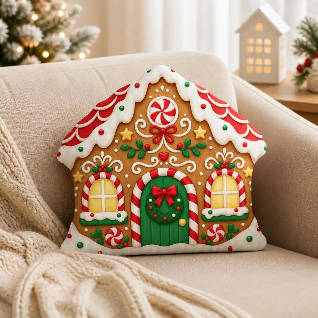 Christmas Gingerbread House Plush Pillow Candy Cane Holiday Cushion Shaped Stuffed Throw Pillow Sofa Home Decor Accent Gift