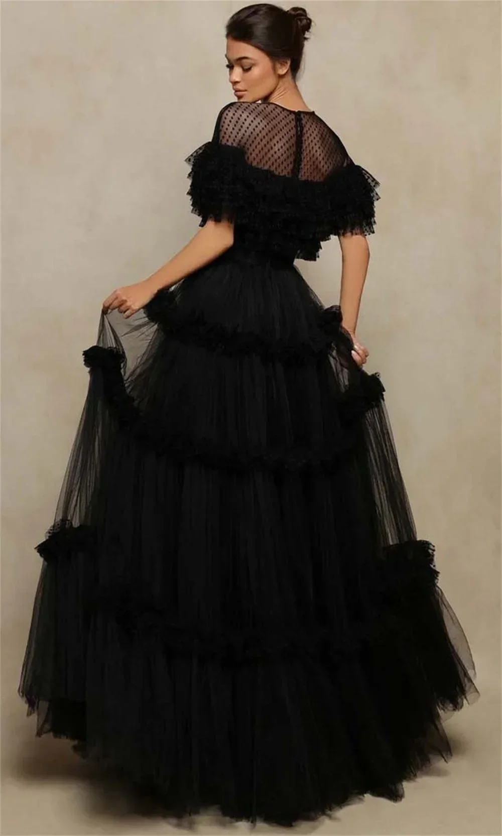 Customized Black Multilaye Evening Dress Wave Point Prom Dress 2023 Sexy O-neck Party Dress Tulle A-line Fashion Simple High