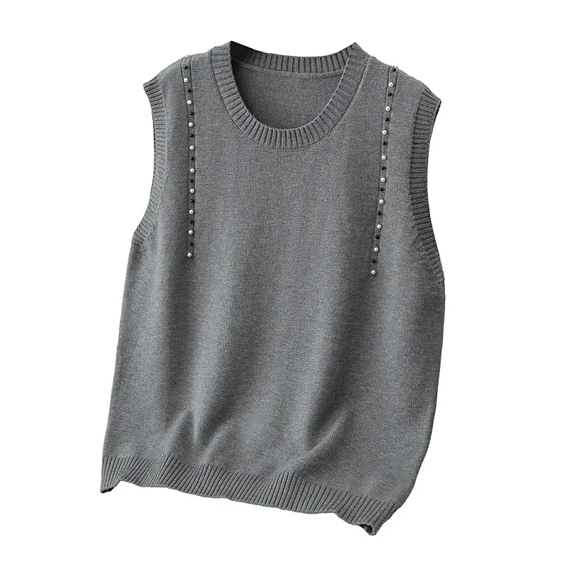 XL Women's Jumpers Autumn Sleeveless Pullover Round Neck Beaded Knitted Sweater 2260