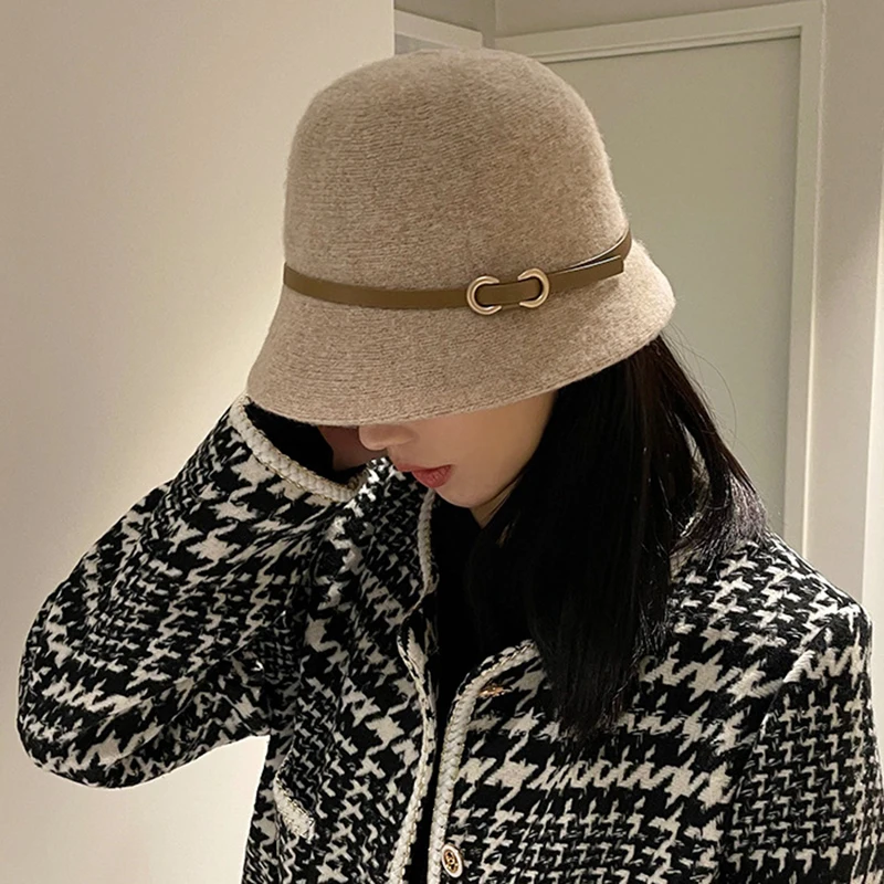 Nowa moda Unisex Jednokolorowa wełniana czapka zimowa z paskiem Jesienne wiadro Wełna Kaszmir Kobieta Ciepła czapka wędkarska Prezent Hurtownia
