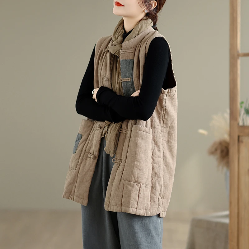 Chaleco de lino y algodón Thiened Color puro suelto calidez mujer Otoño Invierno Color Zen Sle nueva llegada