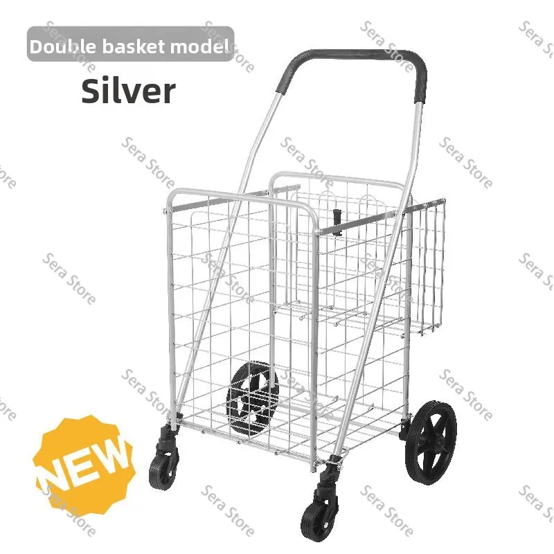 White 4 Wheels Utility Cart Large-sized Sturdy Steel Frame Folding Cart for Grocery Shopping Transporting Laundry