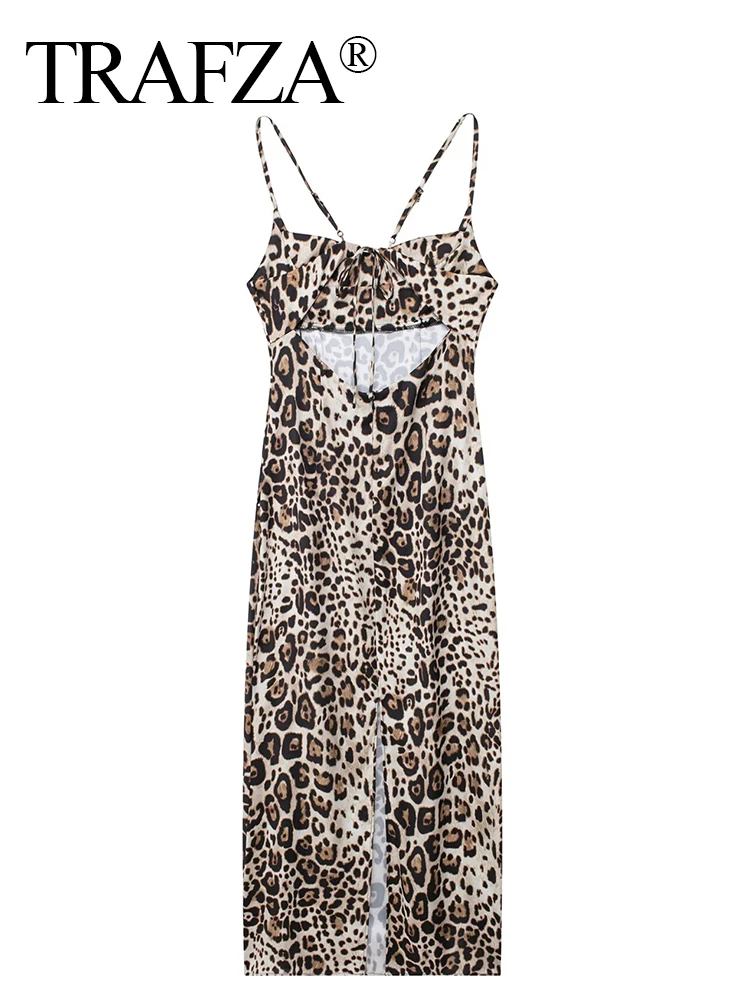 TRAFZA 2024 Sexy Women Leopard Print Sling Dress Vintage Female  Slim Sleeveless Backless Hollow Out Holiday Party Dresses TRAF