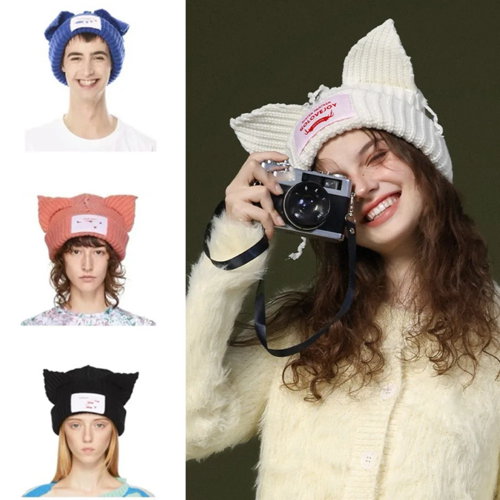 따뜻한 후드 캡 니트 모자, 힙합 개성 있는 두꺼운 돼지 귀 모직 모자, 이중 레이어 러버보이 고양이 귀