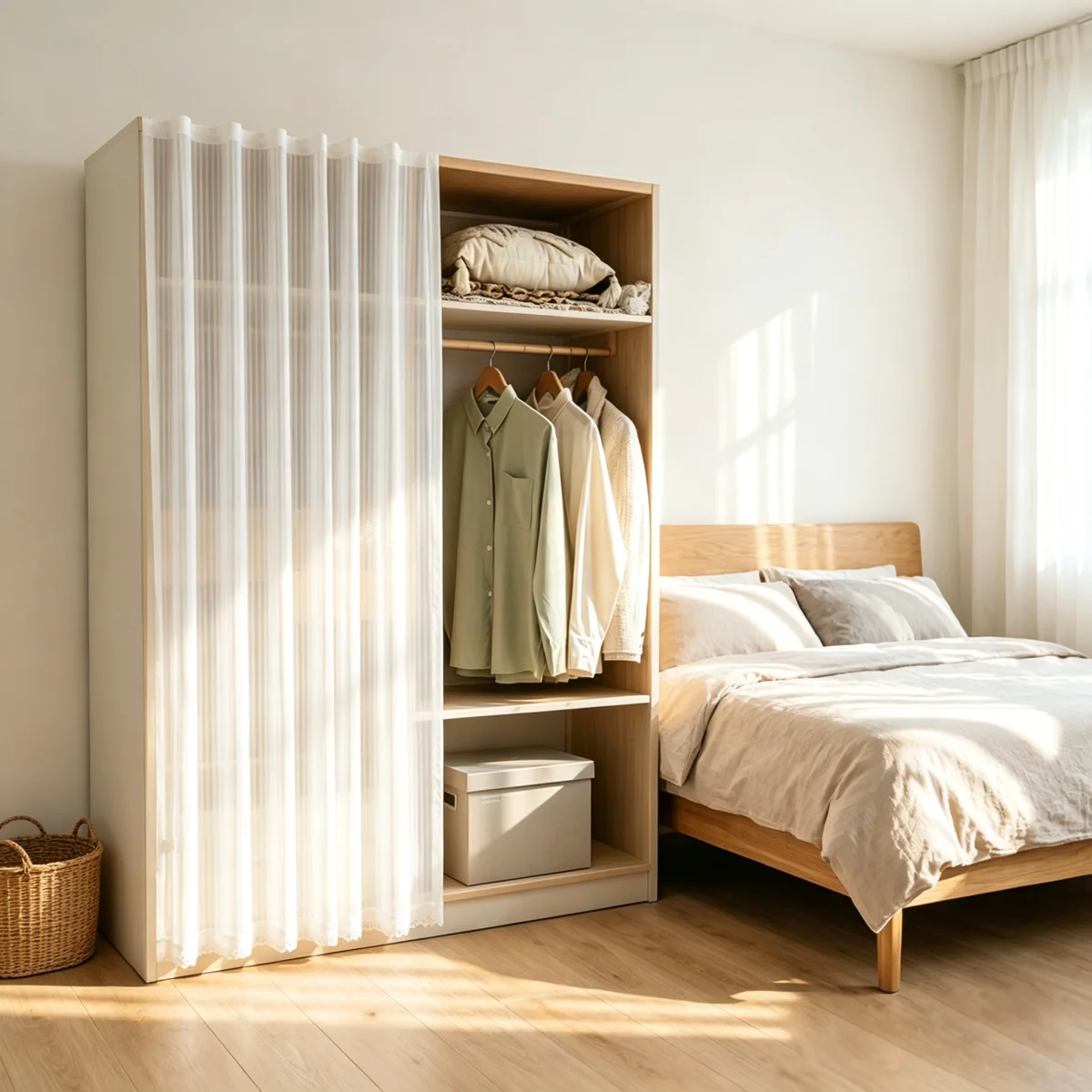 Velcro Self-adhesive Vertical Striped Sheer Cabinet Curtain, Dustproof Wardrobe Decorative Partition Curtain