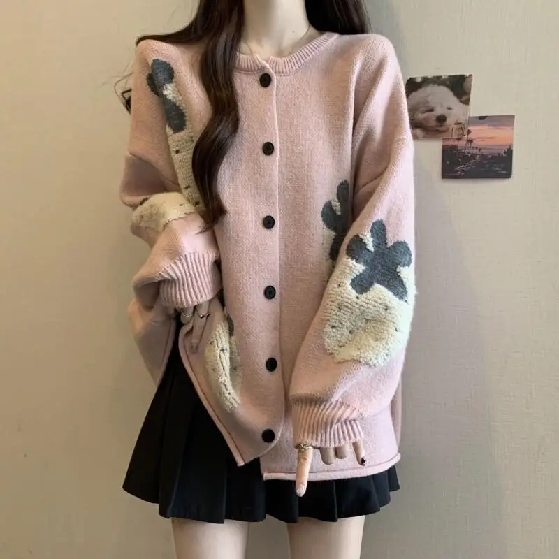 스웨터 니트웨어 여성용 루즈핏 레이지 컬리지 스타일 스웨터 코트 여성 가을 겨울 플러스 사이즈 롱 가디건 자카드 니트 탑