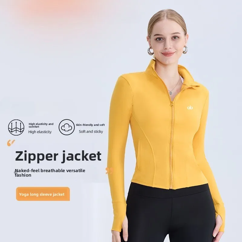 Women High Neck Yoga Jacket Long Sleeve Zipper Pocket Elastic Slim Sunscreen Drying Coat For Running Fitness Workout