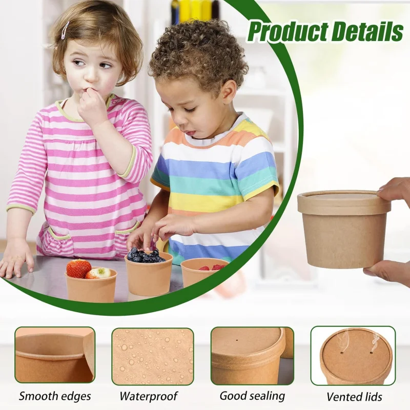 50sets 8oz Kraft Paper Soup Bowls with Vented Lids, Disposable Containers for Soup Ice Cream