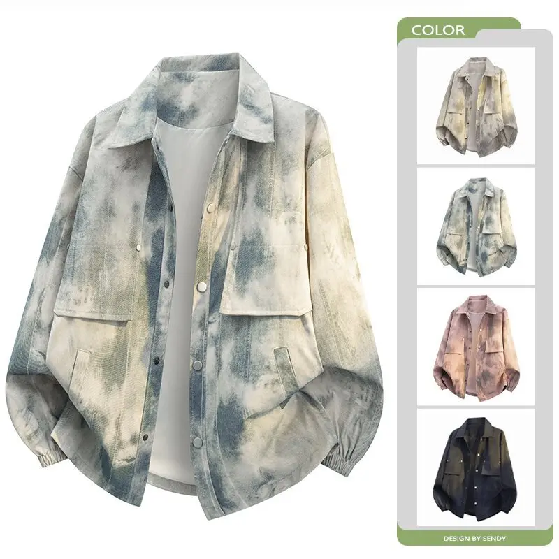 

Мужская тонкая куртка с длинным рукавом и воротником, свободного кроя, из хлопка, однотонная, для повседневной носки, весна 2026, в стиле тай-дай