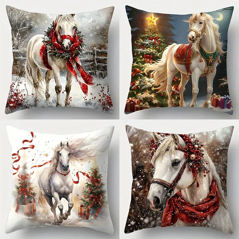 White Horse Christmas Pillow Covers 4pcs, Single-Sided Print, Zippered Hand Wash for Living Room Sofa Decor, Festive Design