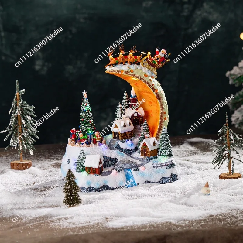 Santa Claus Moon Snow Electric Reindeer Tabletop Ornament Music Box Scene Arrangement Ornament 2pcs