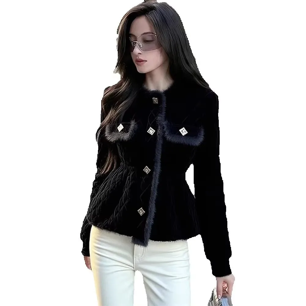 Women's Cotton Coat Black High-end Waist Cinching Slim Velvet Cotton Jacket External Wear Cold Resistant Elegant Fragrant Jacket
