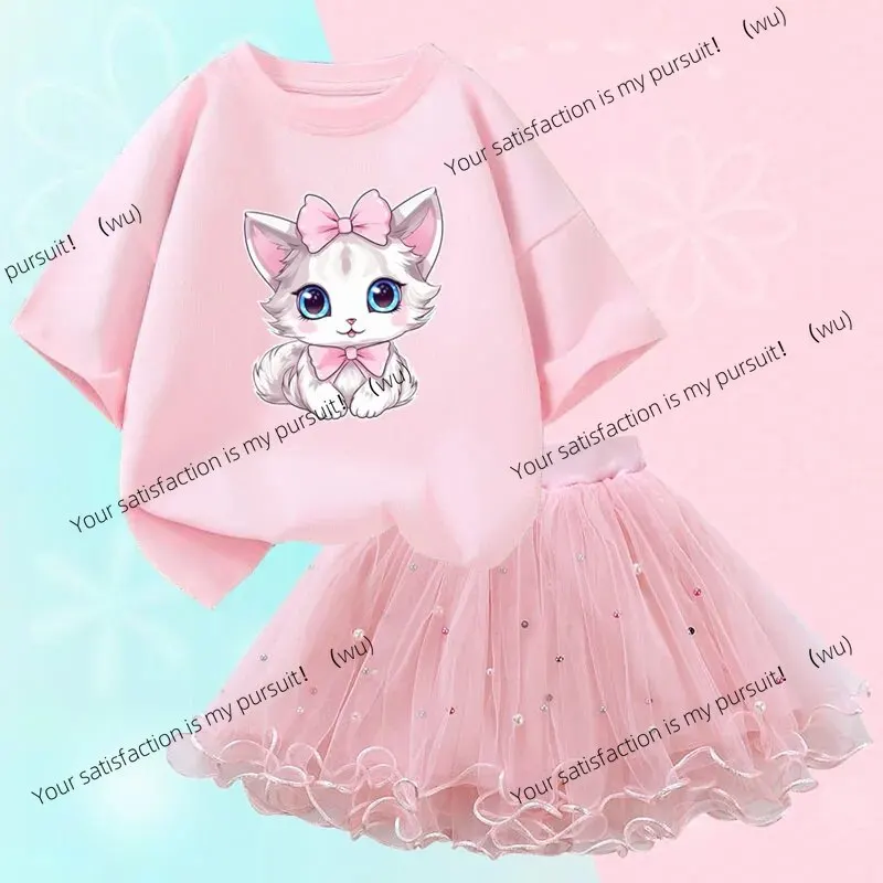 

ZOCI-Комплект платья с рисунком кота, платье принцессы для девочки, платье, платье на день рождения, милый, летний, комплект из двух предметов