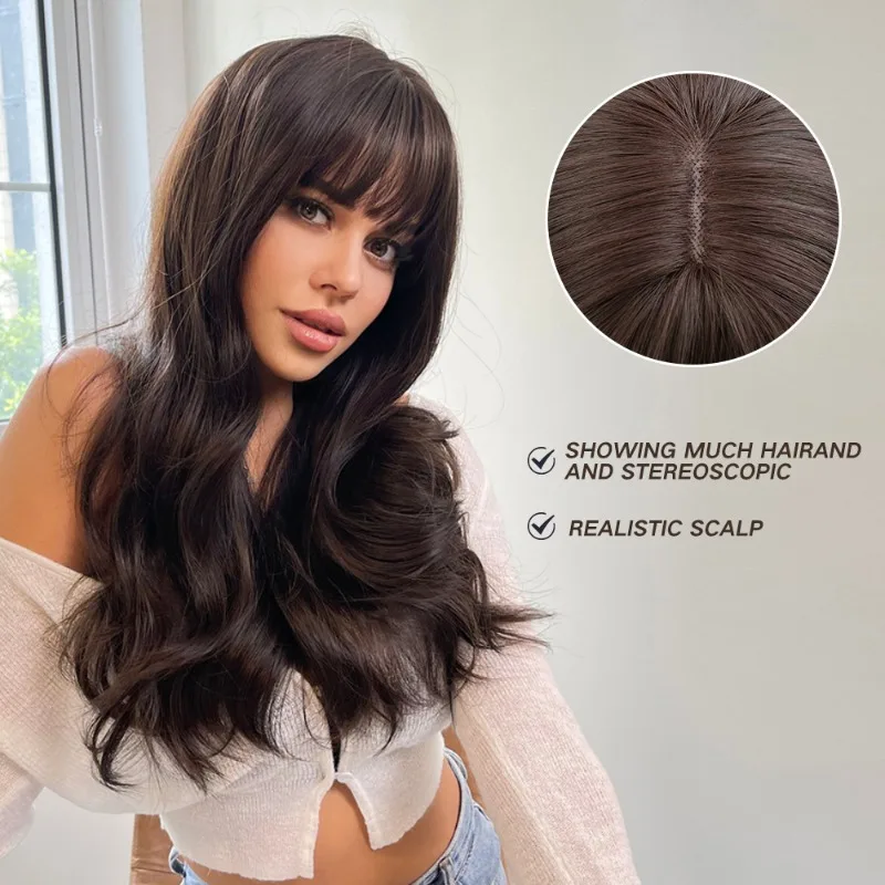 

Long Brown Synthetic Wig with Bangs and Waves, Natural Hair for Cosplay Parties, Daily Wear, Suitable for Women