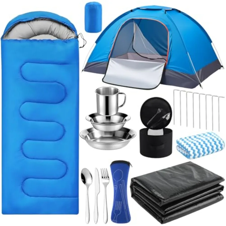 11 Pcs Camping Tent Set for Beginners Complete Outdoor Travel Gear with Tent Sleeping Bag Stainless Steel Mess Kit Waterproof T