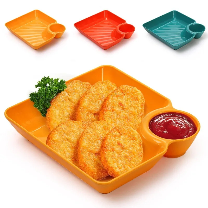 Chip Dip Serving Platter Set Plastic Dumpling Plates with Sauce Compartment Square Serving Dish Plates Small Dip Tray Appetizer