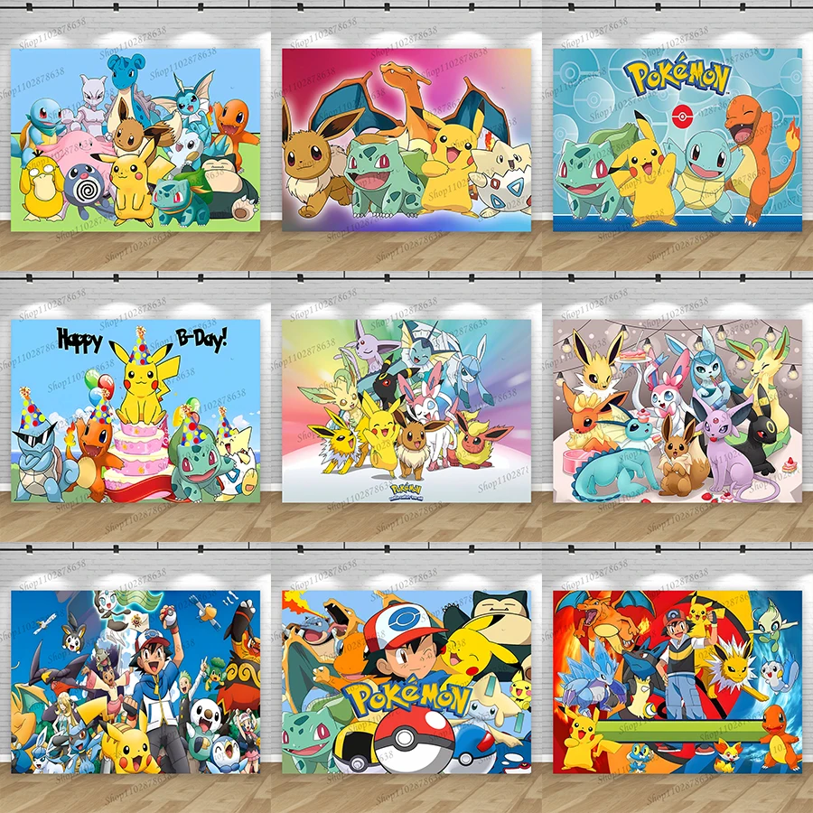 

Pokemon Photo Backdrop Pikachu Snorlax Eevee Ash Ketchum Photo Banner Pokemon Baby Shower Decor Photography Prop