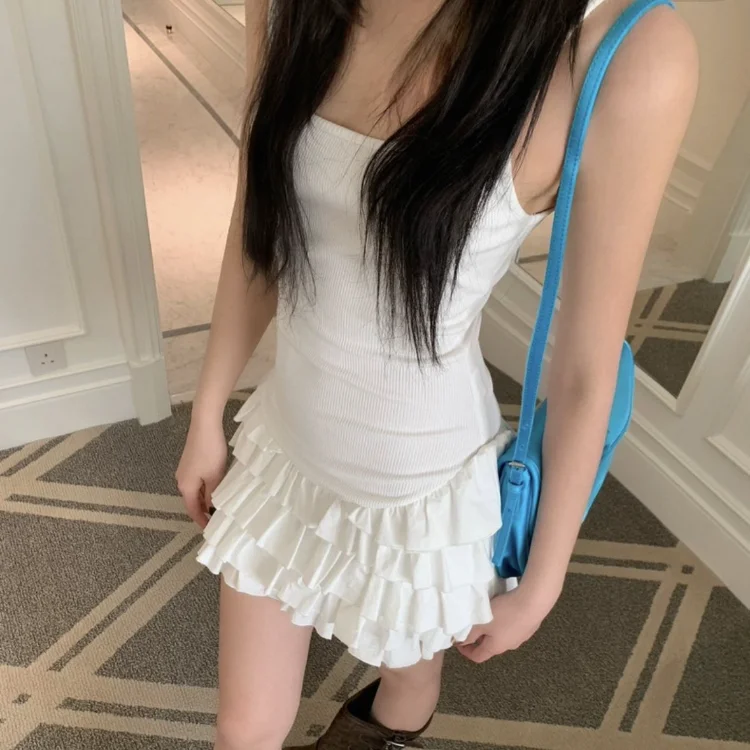 

Square Collar Camisole Dress for Women 2025 Spring New White Vest Dresses Y2k Slim Waist Ruffles Patchwork Vestidos De Mujer