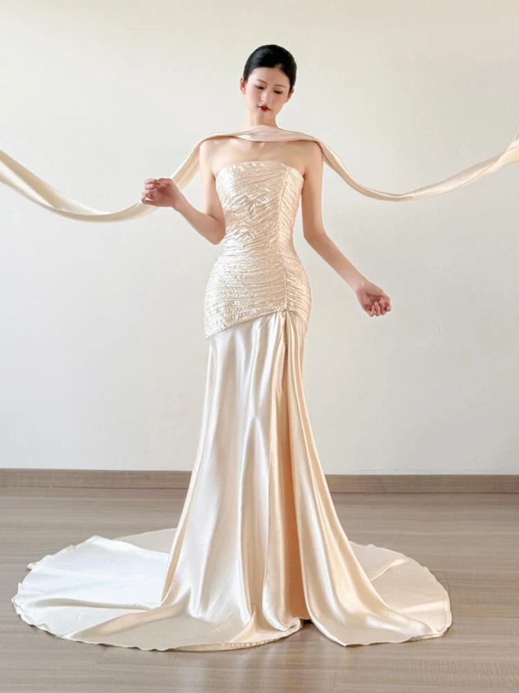 

Элегантное свадебное платье из атласной ткани без бретелек для помолвочных вечеринок, красивый утренний халат, длинная юбка с возможностью индивидуального пошива